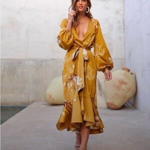 Express x Rocky Barnes Gold Floral - Long Sleeve - Wrap Maxi Dress - Size M/L